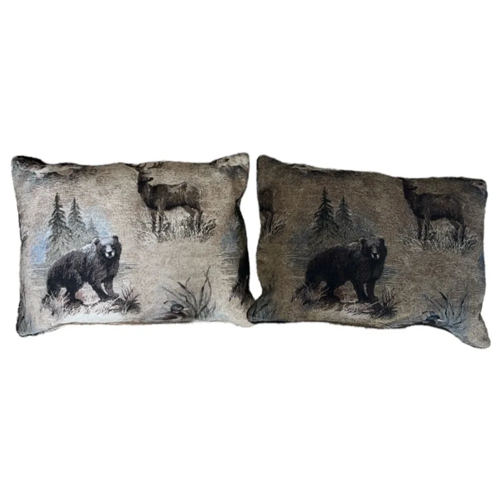 Outdoor Lake Cabin Theme Decorative Pillows Two Bear Deer Fish Ducks Trees